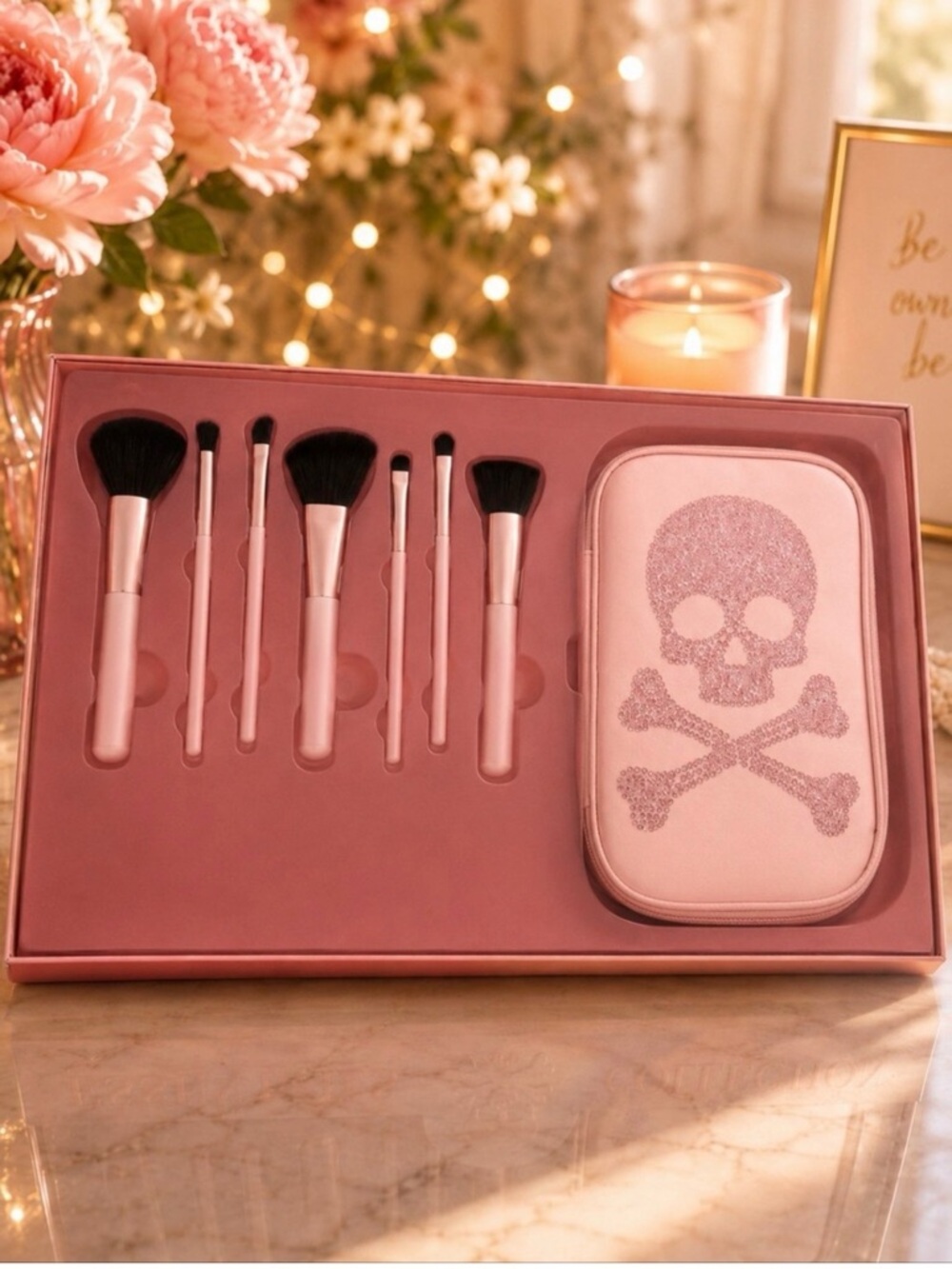 Pink Makeup Brush Set with Skull Zip Case